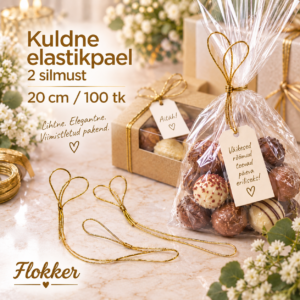 Kuldne elastikpael kahe silmusega 20 cm kinkepakendi ja tsellofaankoti kaunistamiseks