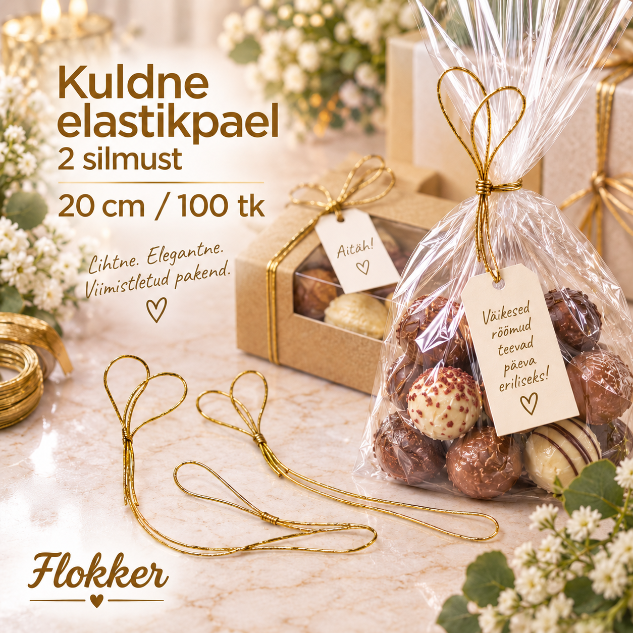 Kuldne elastikpael kahe silmusega 20 cm kinkepakendi ja tsellofaankoti kaunistamiseks