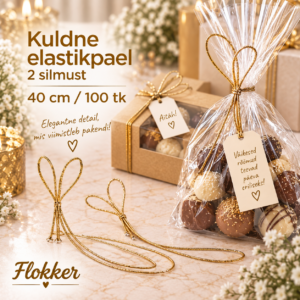 Kuldne elastikpael kahe silmusega 40 cm kinkekarbi ja tsellofaankoti kaunistamiseks