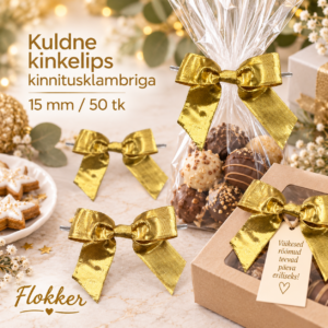 Kuldne kinkelips kinnitusklambriga 15 mm tsellofaankoti ja kinkepakendi kaunistamiseks