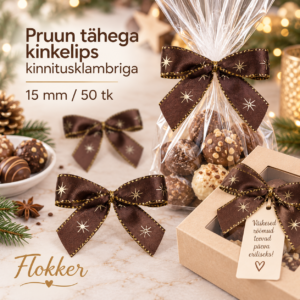 Pruun kuldsete tähtedega kinkelips kinnitusklambriga 15 mm kinkepakendile