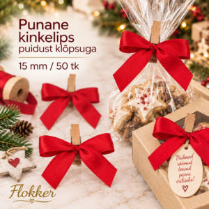 Punane kinkelips puidust klõpsuga 15 mm tsellofaankoti sulgemiseks ja kaunistamiseks