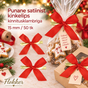 Punane satiinist kinkelips kinnitusklambriga 15 mm kinkepakendi ja tsellofaankoti kaunistamiseks