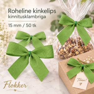 Roheline kinkelips kinnitusklambriga 15 mm kinkepakendile ja tsellofaankotile