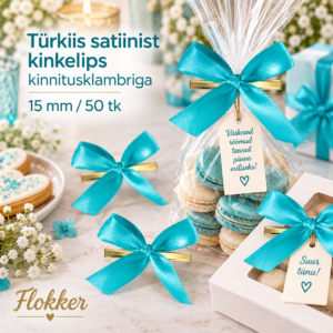 Türkiissinine satiinist kinkelips kinnitusklambriga 15 mm kinkepakendi ja tsellofaankoti kaunistamiseks
