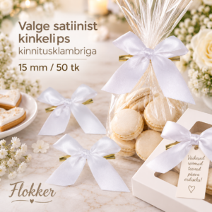 Valge satiinist kinkelips kinnitusklambriga 15 mm kinkepakendi ja tsellofaankoti kaunistamiseks
