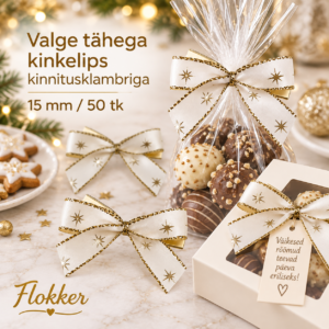 Valge kuldsete tähtedega kinkelips kinnitusklambriga 15 mm kinkepakendile