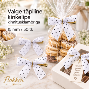 Valge täpiline kinkelips kinnitusklambriga 15 mm tsellofaankoti ja kinkepakendi kaunistamiseks