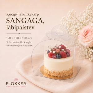 Läbipaistev sangaga koogi- ja kinkekarp kuldse põhjaga 120 × 120 × 100 mm