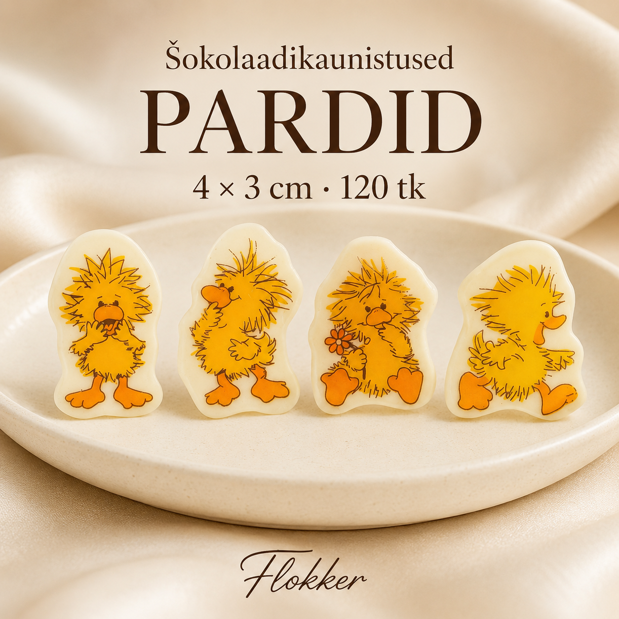 Neli erinevat pardikujulist šokolaadikaunistust mõõduga 4 × 3 cm tortidele ja dessertidele