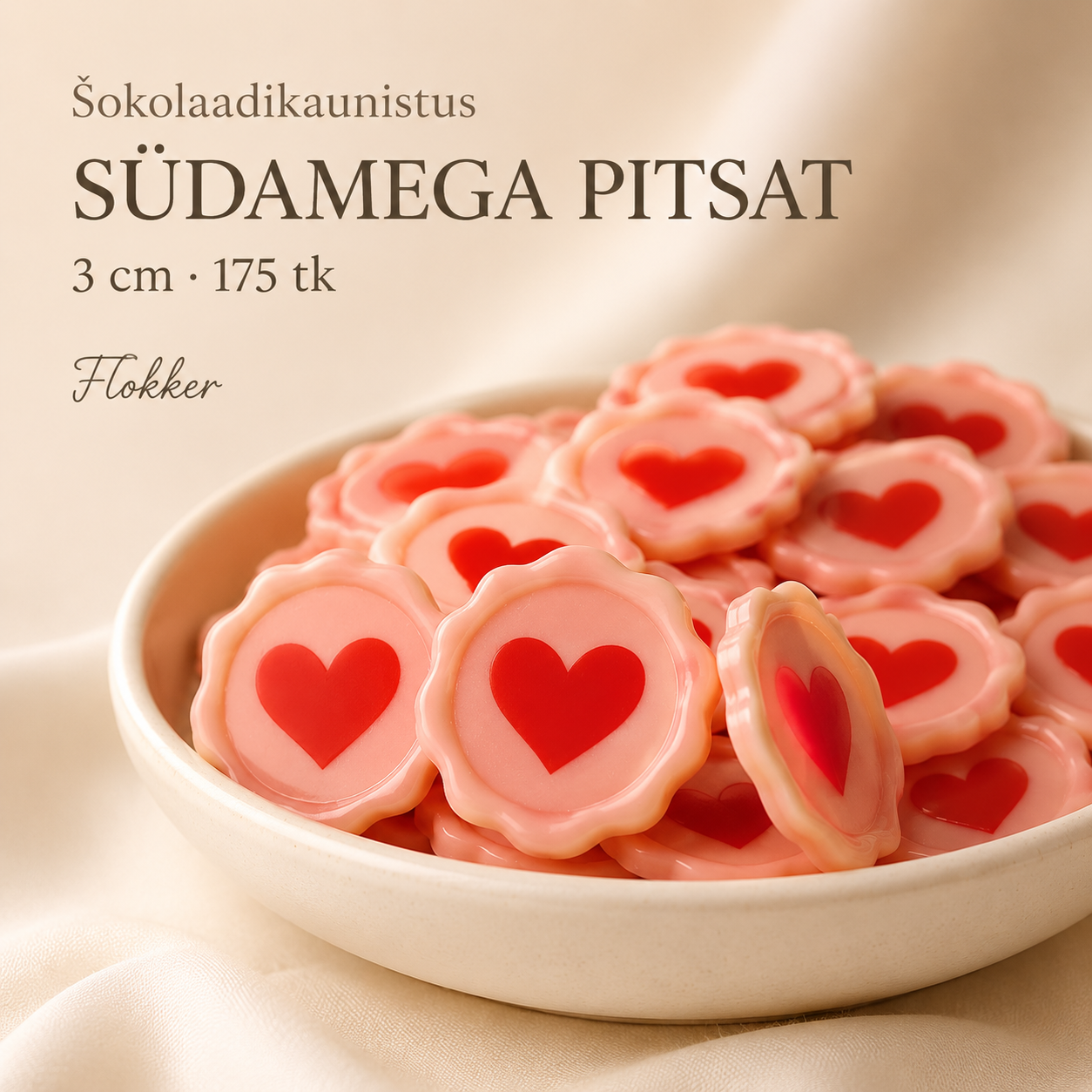 Roosa punase südamega pitsatikujuline šokolaadikaunistus 3 cm tortidele ja dessertidele