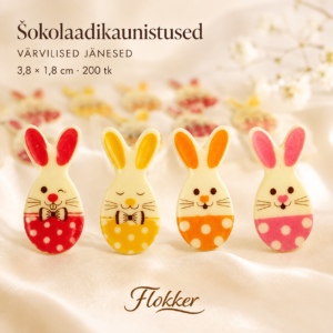 Neli värvilist jänesekujulist šokolaadikaunistust tortide ja muffinite kaunistamiseks