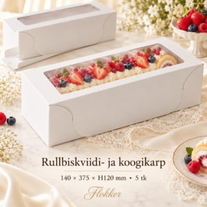 Valge kartongist rullbiskviidi- ja koogikarp läbipaistva akna ning marjadega kaunistatud rullkoogiga, 140 × 375 × H120 mm