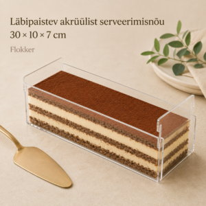 Läbipaistev akrüülist serveerimisnõu kihilise koogiga, mõõdud 30 × 10 × 7 cm