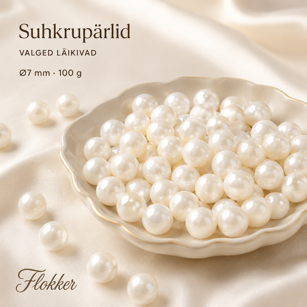 Suured valged läikivad suhkrupärlid Ø7 mm tortide ja dessertide kaunistamiseks
