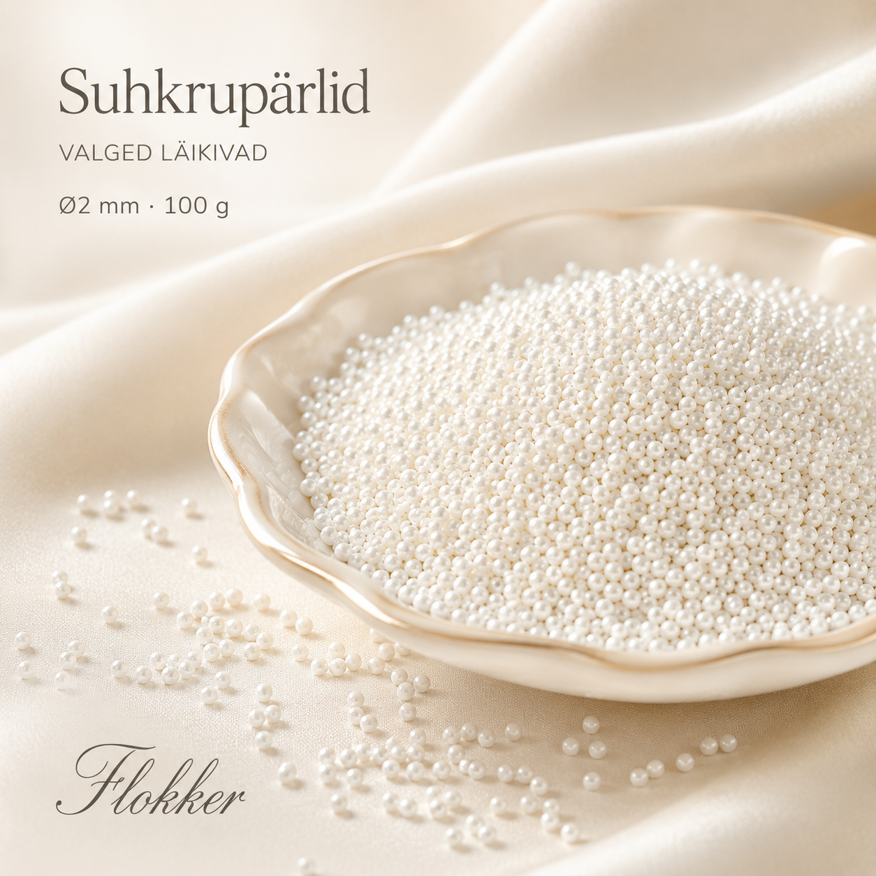 Väikesed valged läikivad suhkrupärlid Ø2 mm tortide ja küpsiste kaunistamiseks