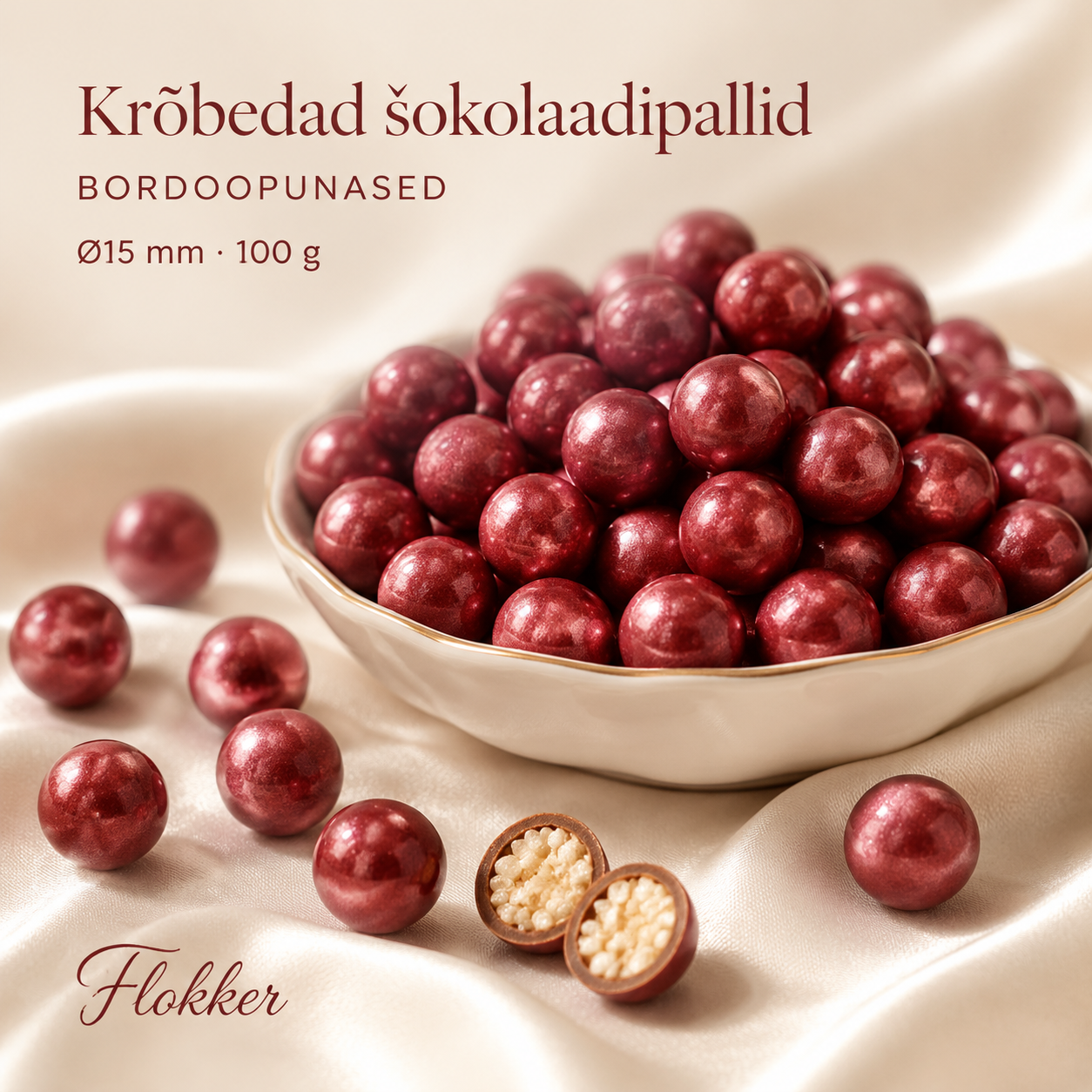 Metallik-bordoopunased krõbedad šokolaadipallid Ø15 mm tordi ja dessertide kaunistamiseks