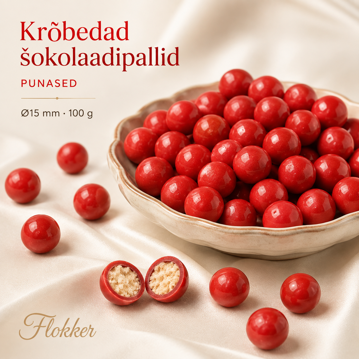 Läikivad punased krõbedad šokolaadipallid Ø15 mm tortide ja dessertide kaunistamiseks