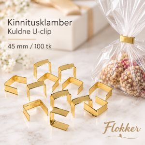 Kuldne kinnitusklamber U-clip 45 mm tsellofaankoti sulgemiseks