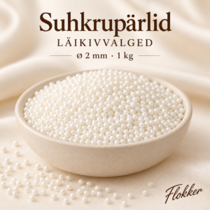 Peened läikivvalged suhkrupärlid läbimõõduga 2 mm tortide ja dessertide kaunistamiseks, 1 kg pakend