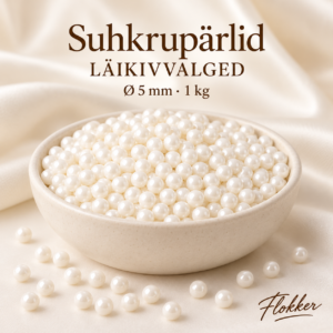 Läikivvalged suhkrupärlid läbimõõduga 5 mm tortide ja dessertide kaunistamiseks, 1 kg pakend