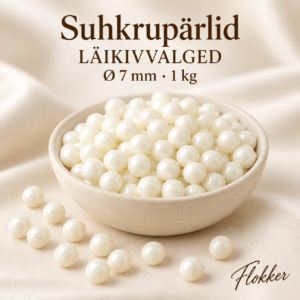 Suured läikivvalged suhkrupärlid läbimõõduga 7 mm tortide ja dessertide kaunistamiseks, 1 kg pakend