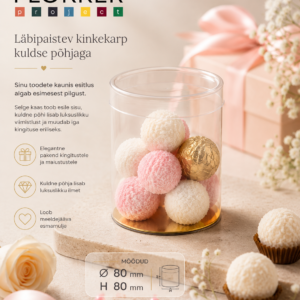 Läbipaistev kinkekarp kuldse põhjaga Ø80 × 80 mm