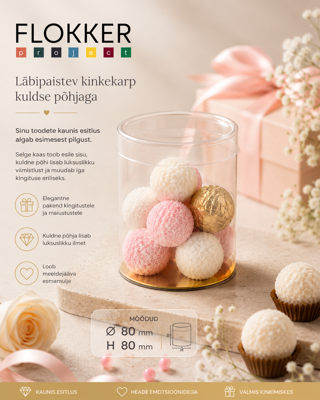 Läbipaistev kinkekarp kuldse põhjaga Ø80 × 80 mm