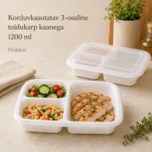 Korduvkasutatav valge 3-osaline PP-toidukarp läbipaistva kaanega, maht 1200 ml