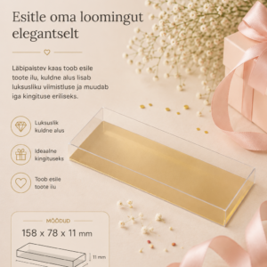 Läbipaistev šokolaadikarp kuldse kartongist alusega 158x78x11