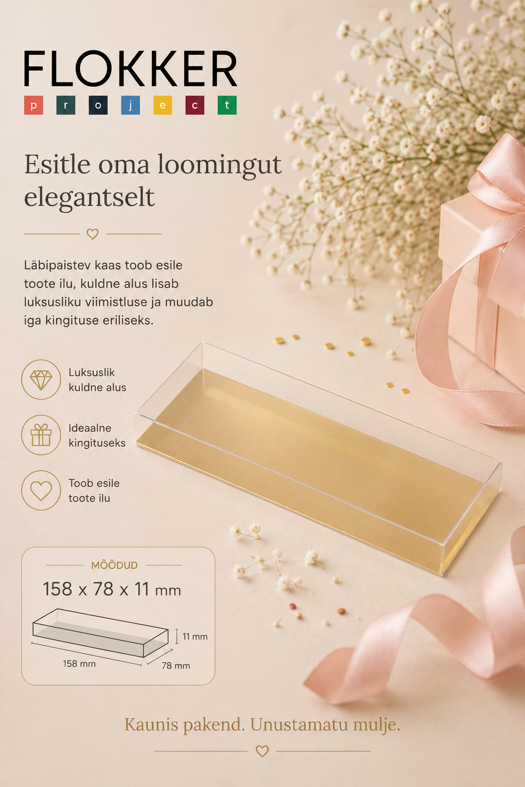 Läbipaistev šokolaadikarp kuldse kartongist alusega 158x78x11