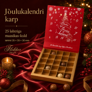Maasikapunane ja kuldne 25 lahtriga advendikalendri karp 220 × 220 × 33 mm