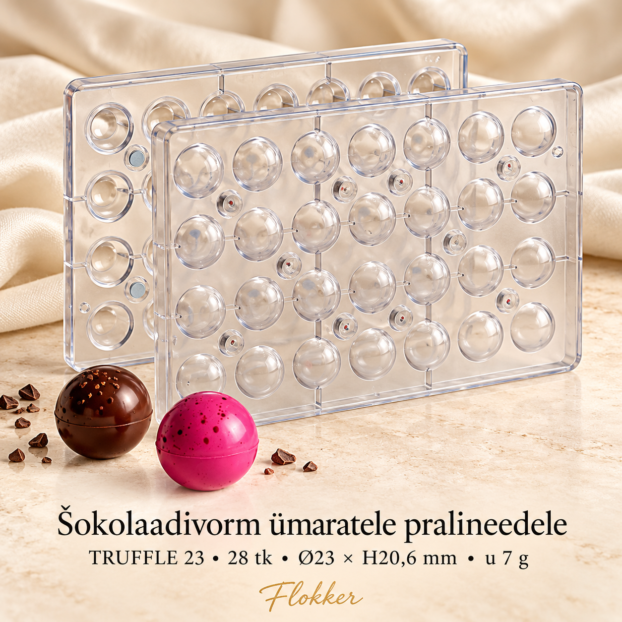 Läbipaistev kaheosaline magnetiga 3D šokolaadivorm TRUFFLE 23 ning ümarad šokolaadipralineed