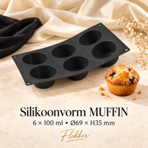 Must silikoonvorm kuue muffini valmistamiseks, pesad Ø69 × H35 mm ja mahuga 100 ml
