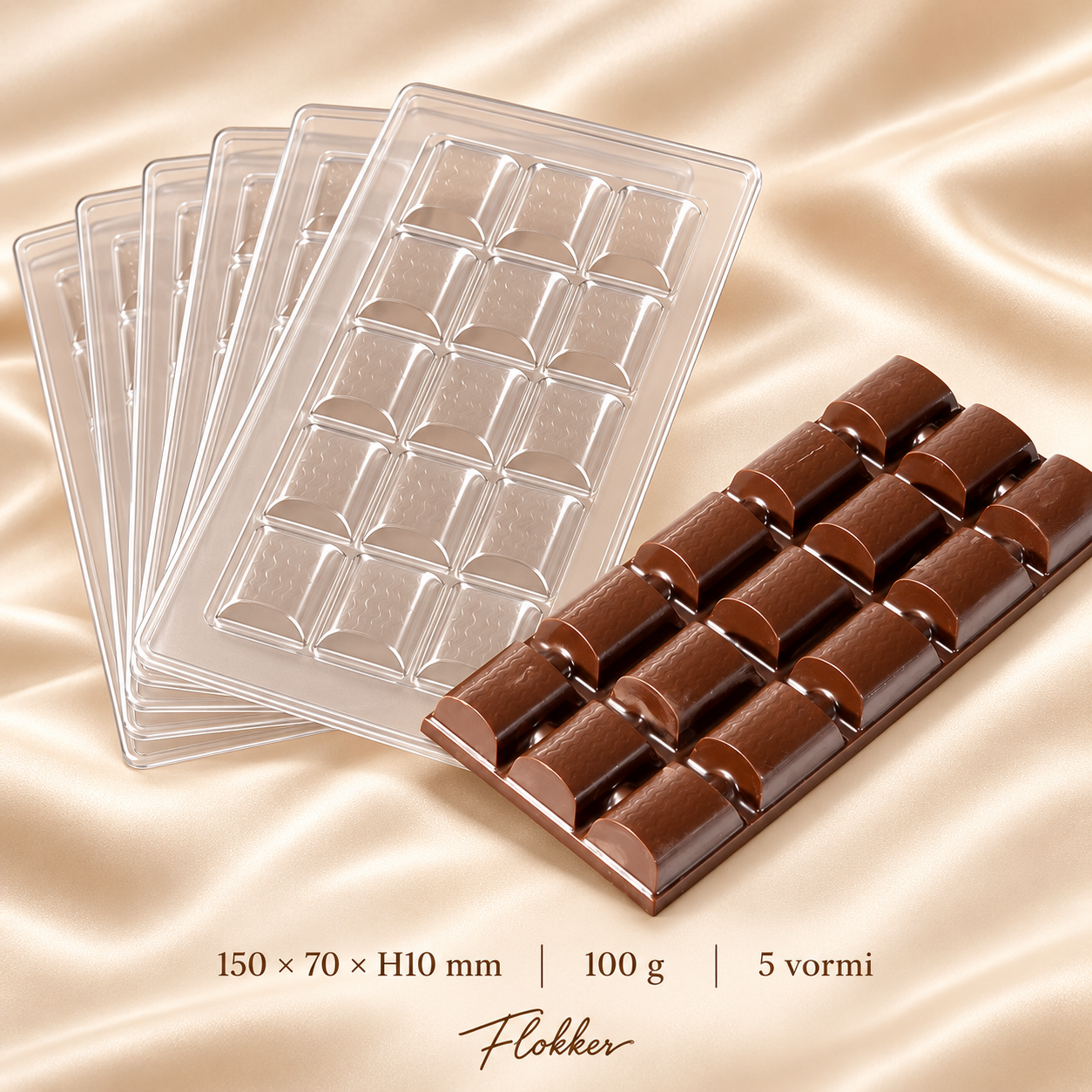 Viis läbipaistvat CHOCOBAR ROUND šokolaadivormi ja 15 ümardatud osaga šokolaaditahvel, 150 × 70 × H10 mm